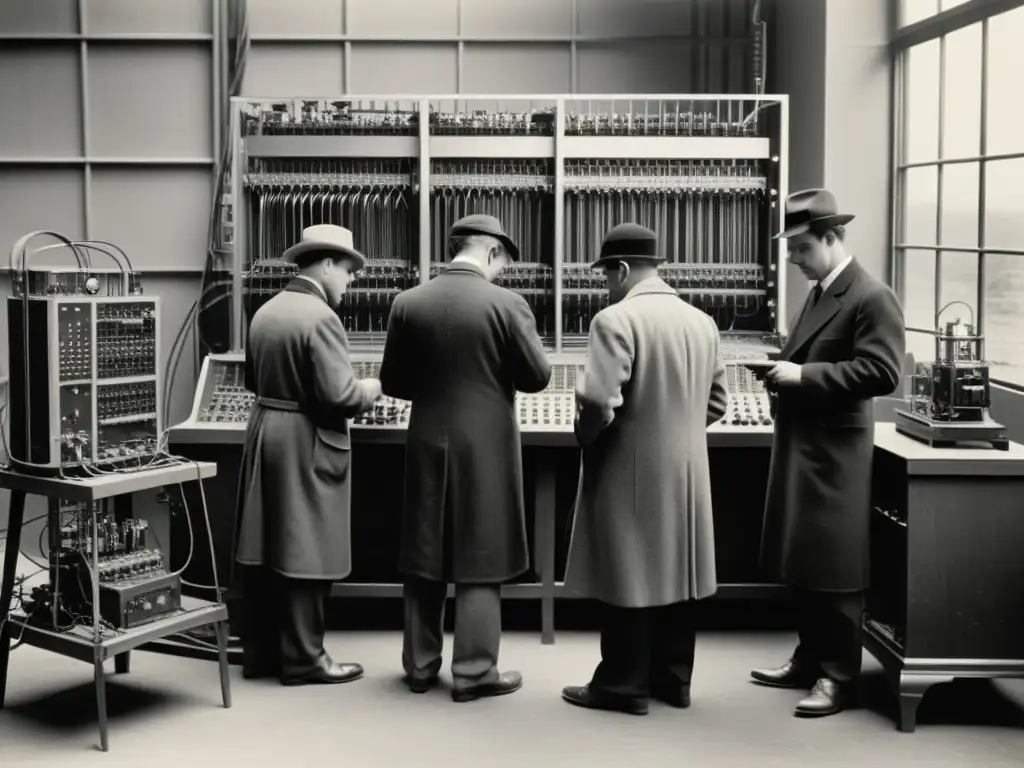 Foto en blanco y negro de ingenieros instalando equipos de redes inalámbricas, evocando la evolución de interfaces de red