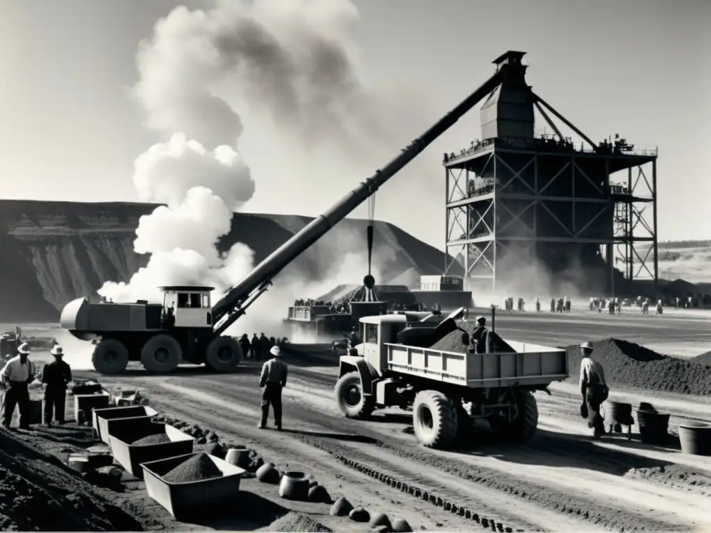 Foto en blanco y negro de una mina industrial con trabajadores extrayendo criptomonedas, mezclando herramientas tradicionales y maquinaria moderna