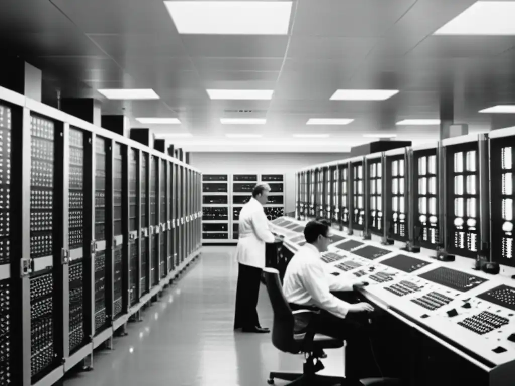 Foto en blanco y negro de una sala llena de antiguas máquinas de computación, con técnicos trabajando entre cables y paneles