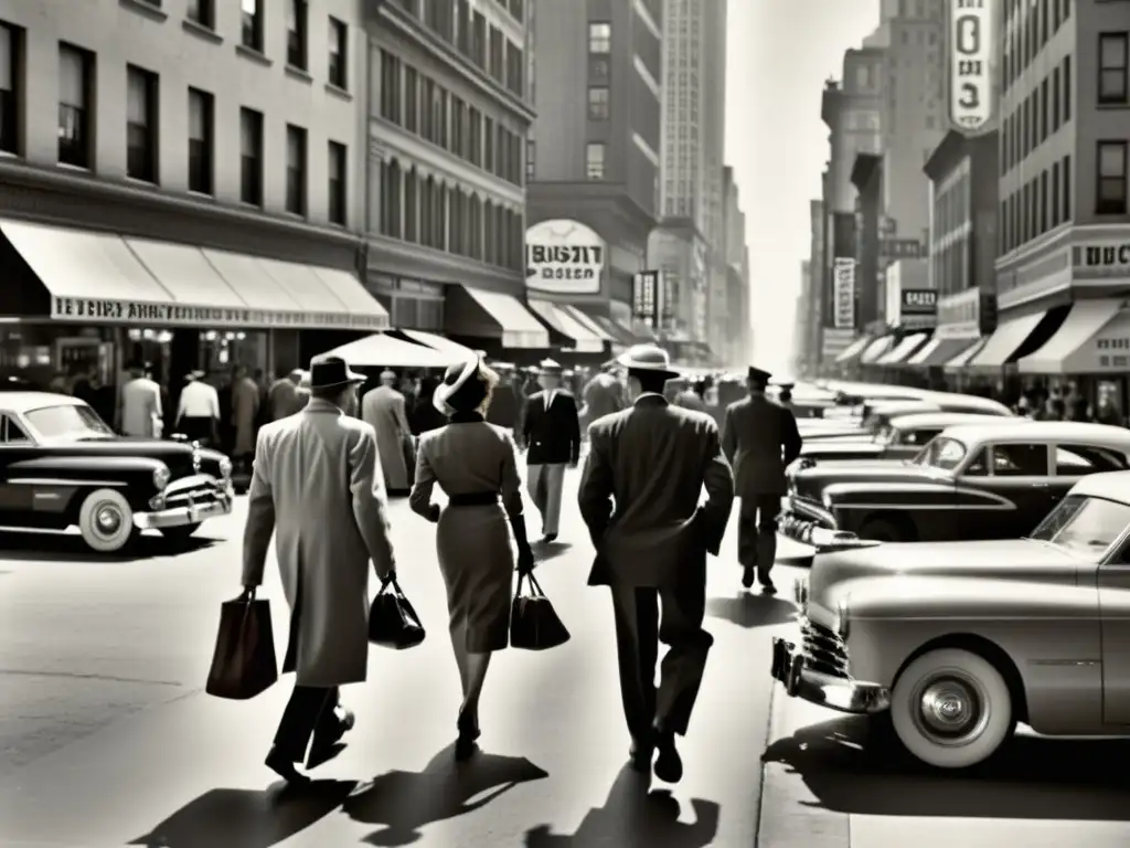 Foto vintage en blanco y negro de una bulliciosa calle de la ciudad en los años 50, con gente y autos clásicos