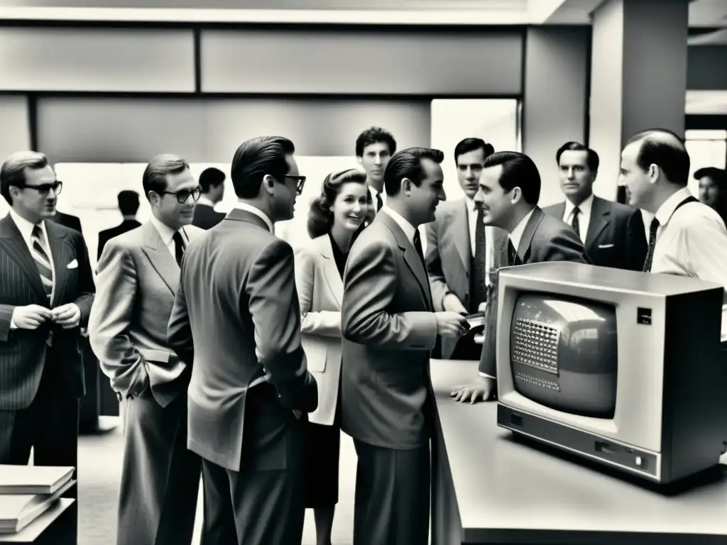 Foto vintage en blanco y negro de personas interactuando con una computadora antigua en un bullicioso entorno de oficina de los años 80