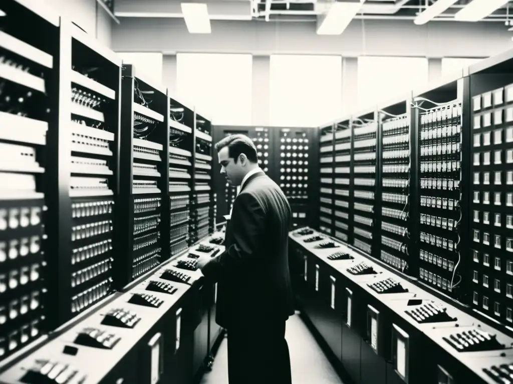 Foto vintage en blanco y negro de una sala de intercambio telefónico AT&T abarrotada en los 90, con técnicos trabajando frenéticamente