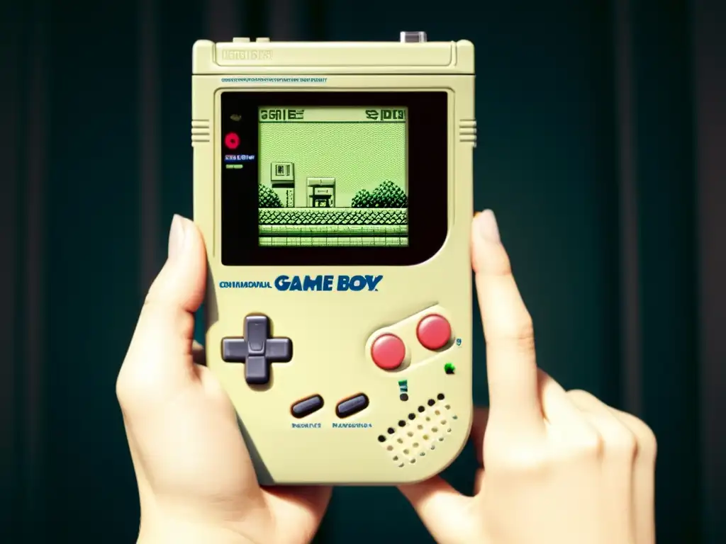 Foto vintage en blanco y negro de un Game Boy original, mostrando su forma icónica rectangular y pantalla monocromática