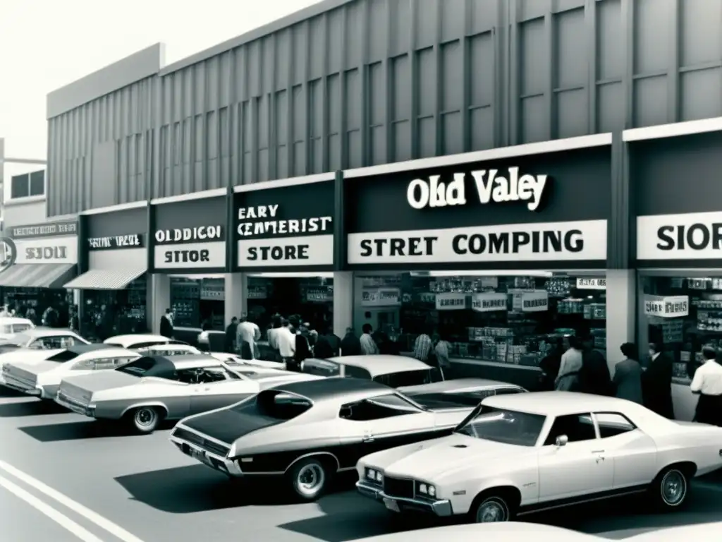 Foto vintage en blanco y negro de una concurrida calle de Silicon Valley en los años 70, con tiendas de computadoras y carros clásicos