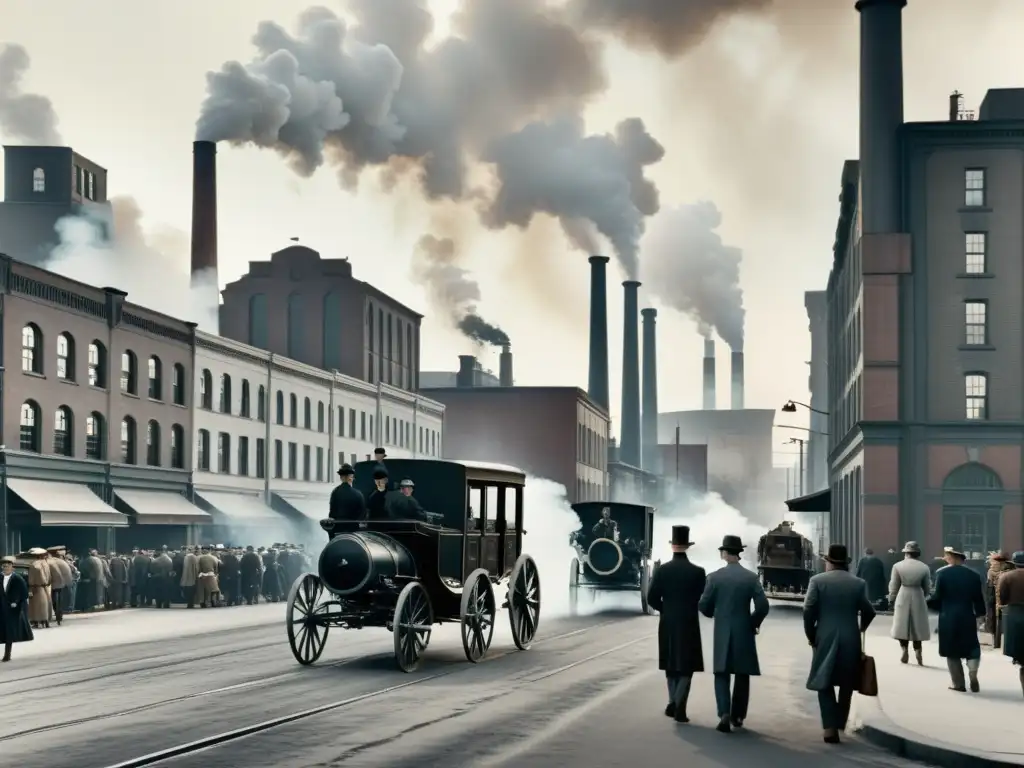 Foto vintage en blanco y negro de una bulliciosa calle de la ciudad con edificios industriales altos