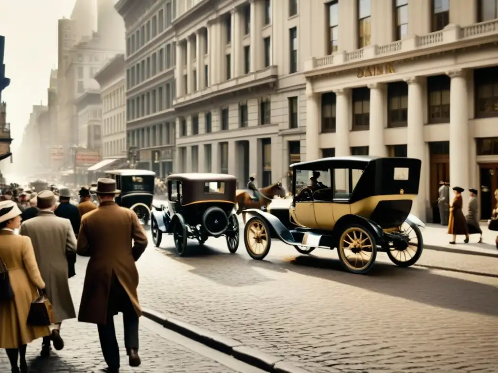 Foto vintage de una bulliciosa calle de la ciudad con edificios bancarios antiguos