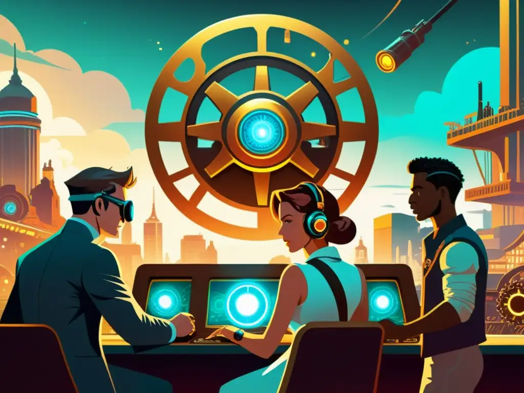 Fuentes de poder para PC gaming: Una ilustración vintage de una fuente de energía futurista con engranajes steampunk, en una metrópolis bulliciosa