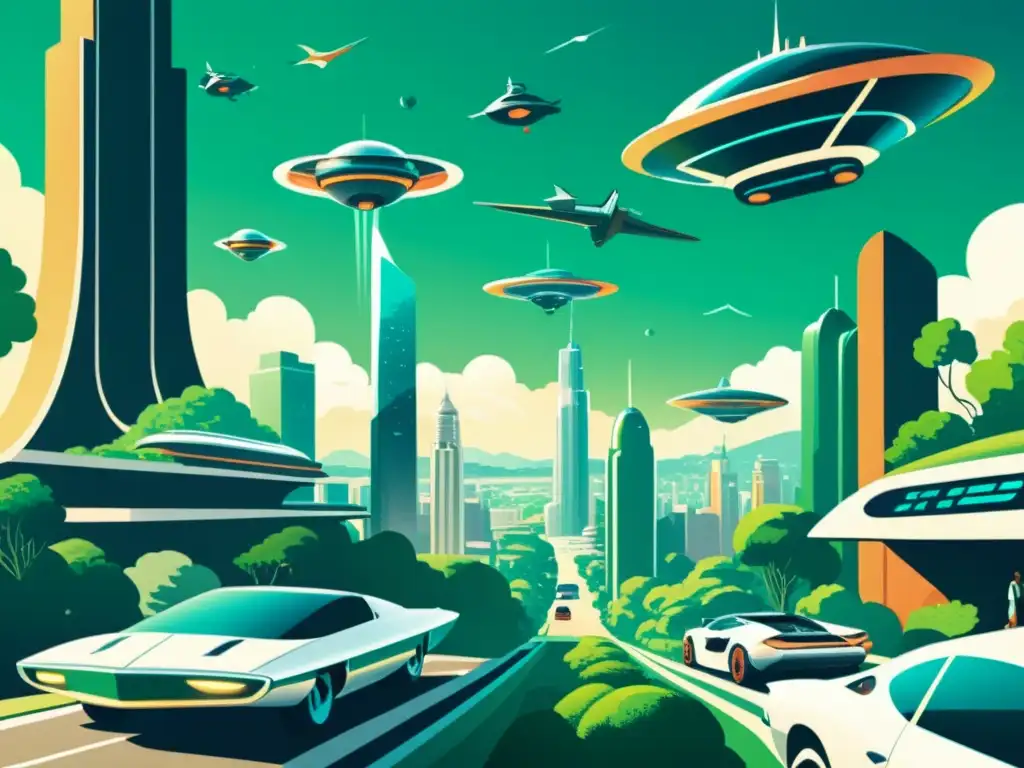 Una ilustración vintage de una futurista ciudad con edificios metálicos y autos voladores