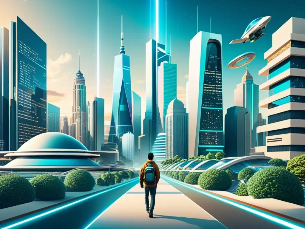 Cityscape futurista: evolución de lenguajes de programación Una ilustración retro futurista de una ciudad con hologramas de lenguajes de programación entrelazados en la arquitectura, mostrando la evolución de los lenguajes de programación y el futuro tecnológico