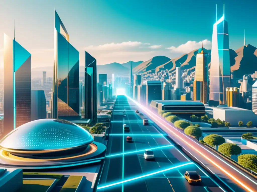 Futuro de la computación con IA y Blockchain: una ciudad futurista con tecnología holográfica y sistemas de transporte avanzados