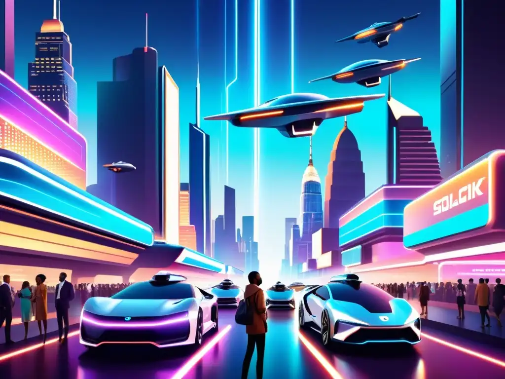 Un futuro urbano futurista con rascacielos, autos voladores y tecnología holográfica