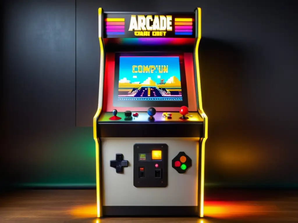 Un gabinete de arcade vintage brilla en la habitación tenue, rodeado de jugadores emocionados