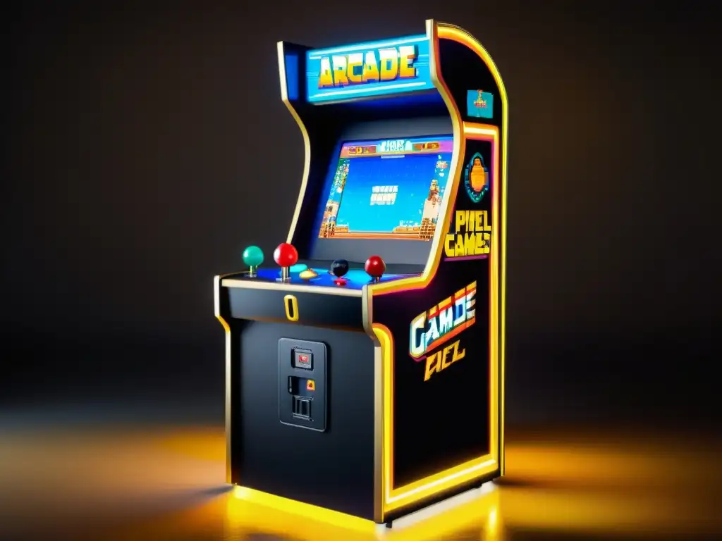 Un gabinete de arcade vintage iluminado con arte pixelado vibrante de juegos clásicos