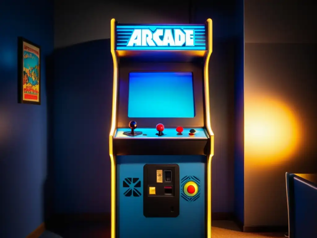 Un gabinete de arcade vintage iluminado en una habitación tenue, con una luz azul nostálgica que emana de la pantalla