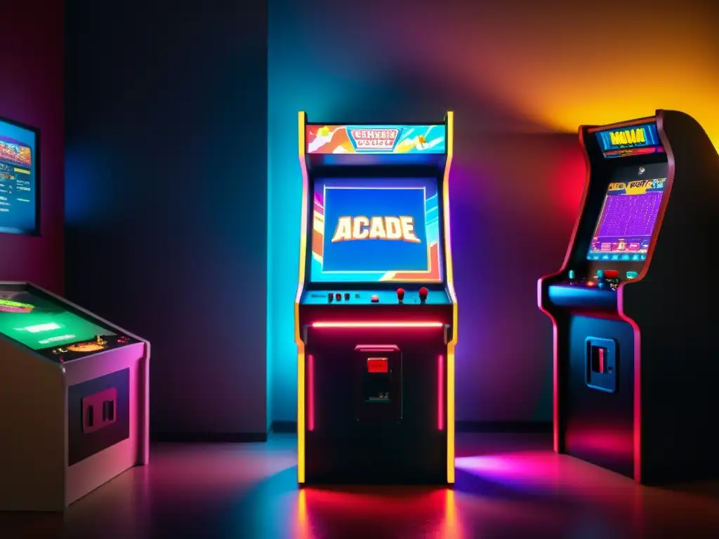 Un gabinete de arcade vintage iluminado en una habitación tenue, rodeado de jugadores entusiastas, evocando la nostalgia del gaming clásico y la evolución del gaming con SSD NVMe