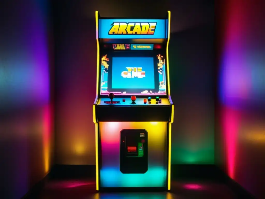 Un gabinete de arcade vintage iluminado por la pantalla, rodeado de personas inmersas en el mundo virtual