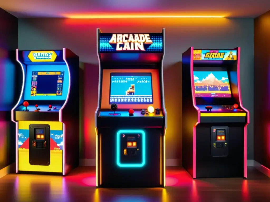 Un gabinete de arcade vintage con pantalla brillante muestra un ambiente de juego detallado y vibrante, rodeado de pósters nostálgicos