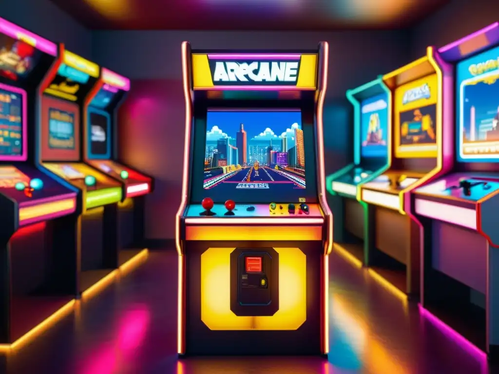 Un gabinete de arcade vintage rodeado de gente diversa, inmersos en la evolución de la música en videojuegos