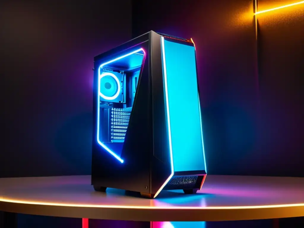 Un gabinete de PC gamer negro con luces LED vibrantes, diseño futurista y paneles de vidrio templado