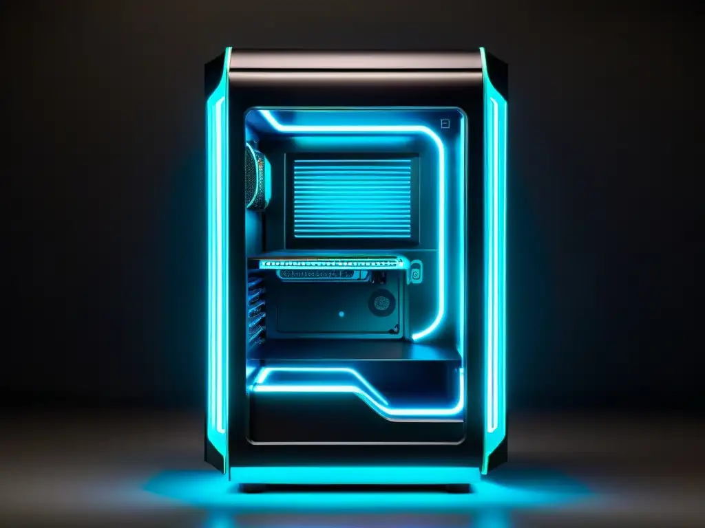 Un gabinete de PC gamer negro con iluminación RGB vibrante, diseño futurista y alta tecnología