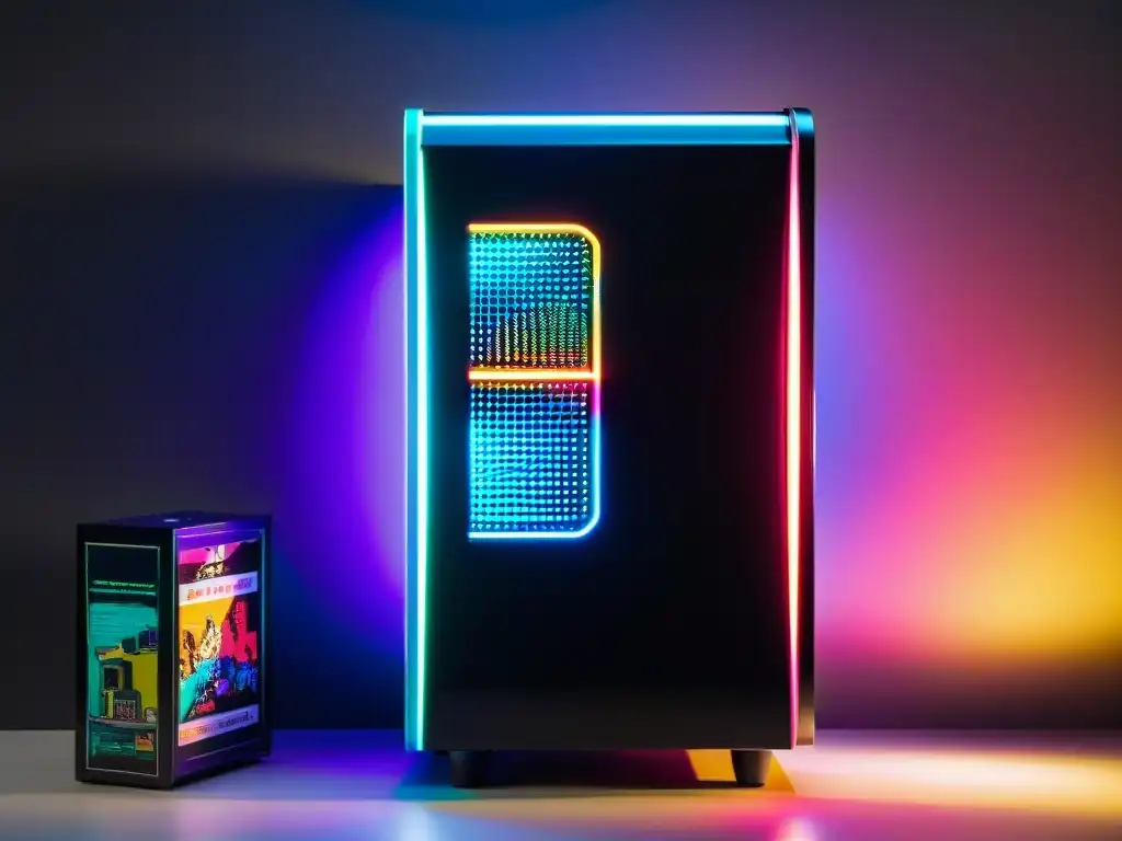 Un gabinete de PC gamer vintage con iluminación RGB, diseño futurista y ambiente nostálgico