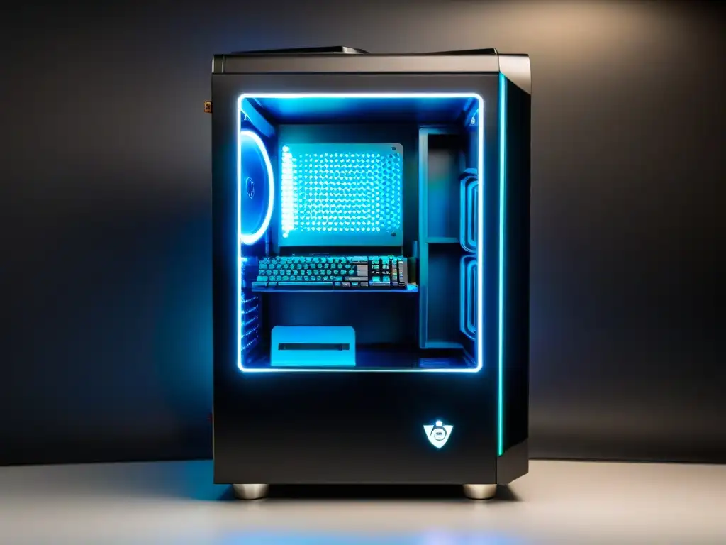 Un gabinete PC gamer negro vintage con iluminación RGB, acompañado de periféricos futuristas y monitores de alta resolución