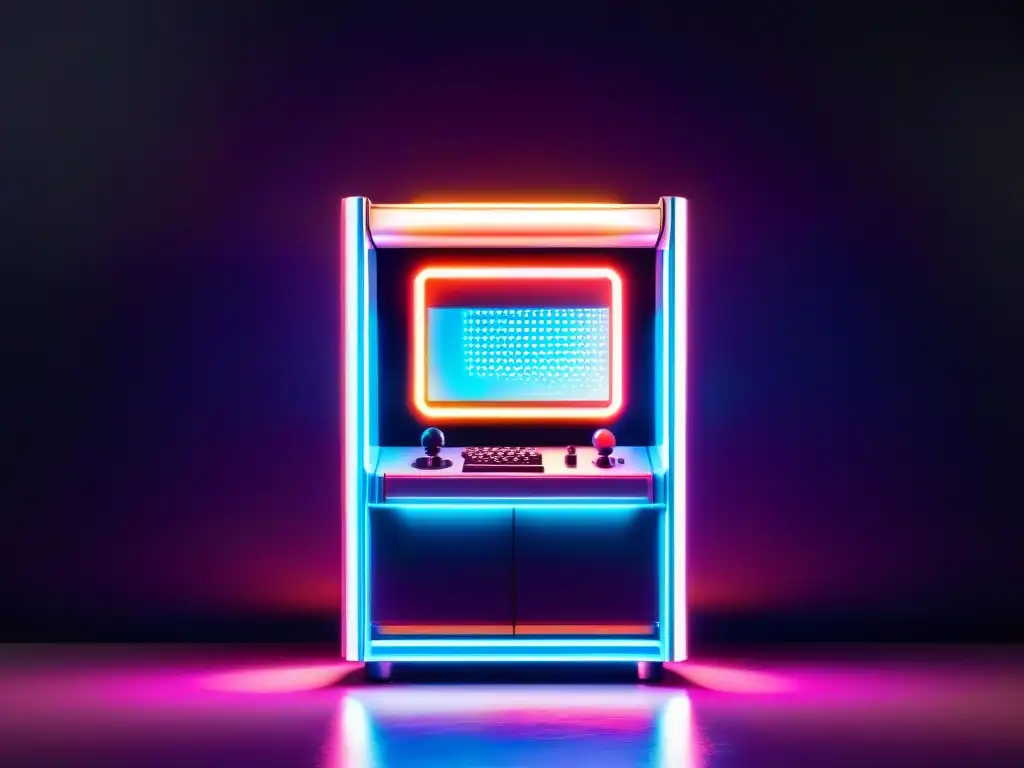 Un gabinete de PC gamer futurista con luces RGB en un ambiente retrofuturista con máquinas arcade, evocando una atmósfera nostálgica y vanguardista