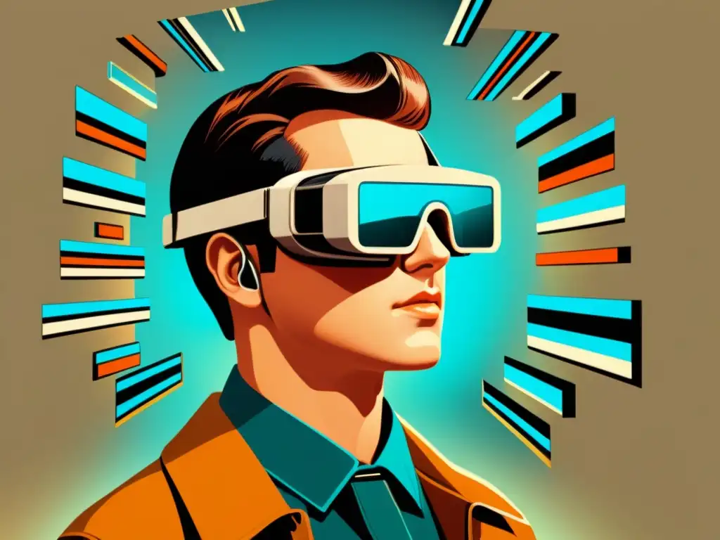 Evolución de las gafas de realidad aumentada: Ilustración vintage de persona con prototipo temprano de AR rodeada de tecnología futurista y pantallas digitales