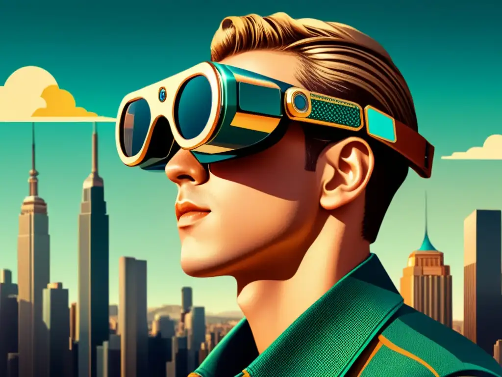 Ilustración vintage de gafas de realidad aumentada tempranas con detalles tecnológicos, reflejando una ciudad futurista