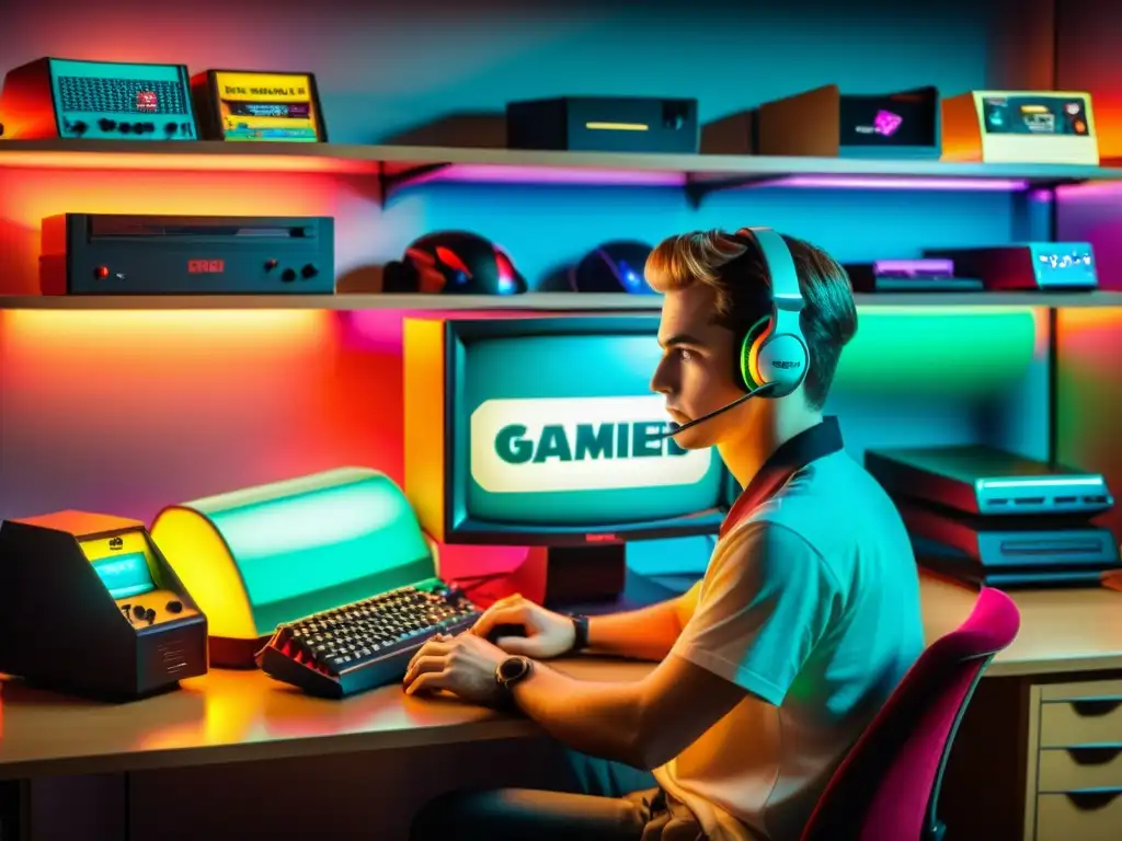 Un gamer concentrado frente a un setup retro con memorabilia gaming