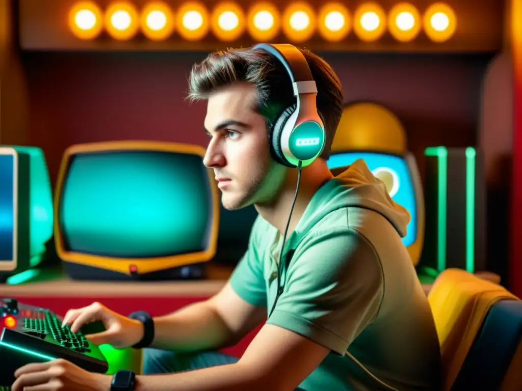 Un gamer concentrado en el juego, rodeado de nostalgia vintage y los mejores sistemas de audio gaming