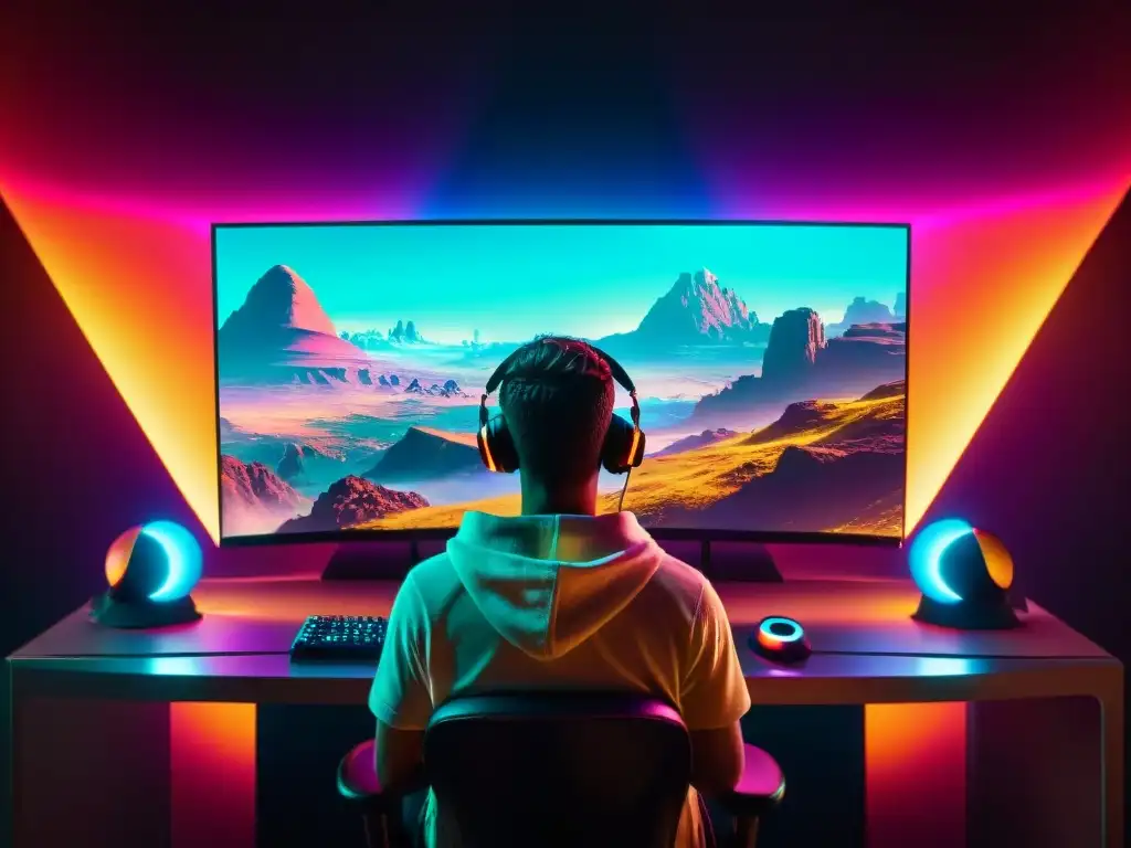 Éxtasis gamer: inmersión en paisaje hiperrealista 8K Un gamer se maravilla con un monitor de gaming 8K en una habitación nostálgica llena de memorabilia