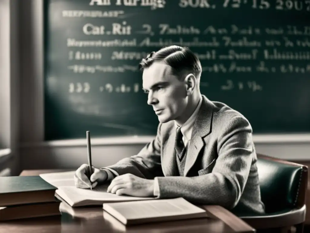 Genio matemático Alan Turing concentrado entre libros, papeles y ecuaciones, con luz suave iluminando su rostro