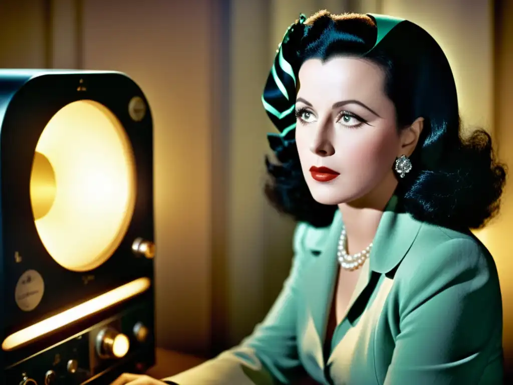 Hedy Lamarr, pionera del WiFi, en una fotografía vintage de glamour hollywoodense con expresión reflexiva, rodeada de elementos tecnológicos