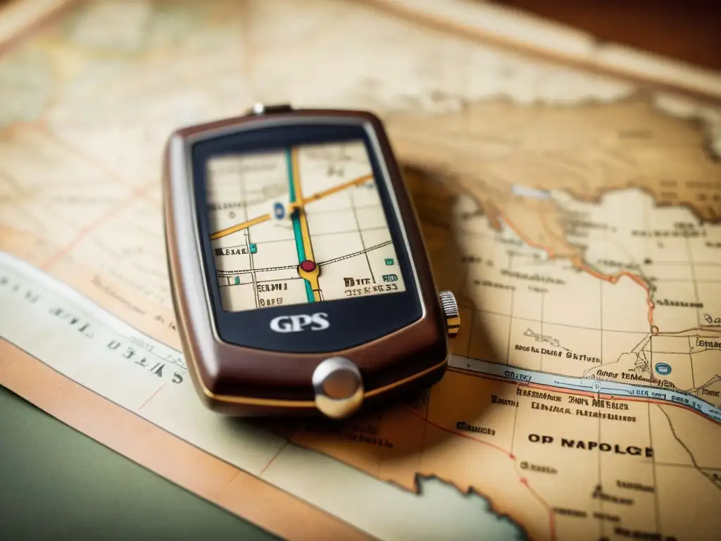 Un GPS vintage en su estuche de cuero, rodeado de mapas antiguos y brújulas, evoca la evolución de los sistemas de navegación GPS