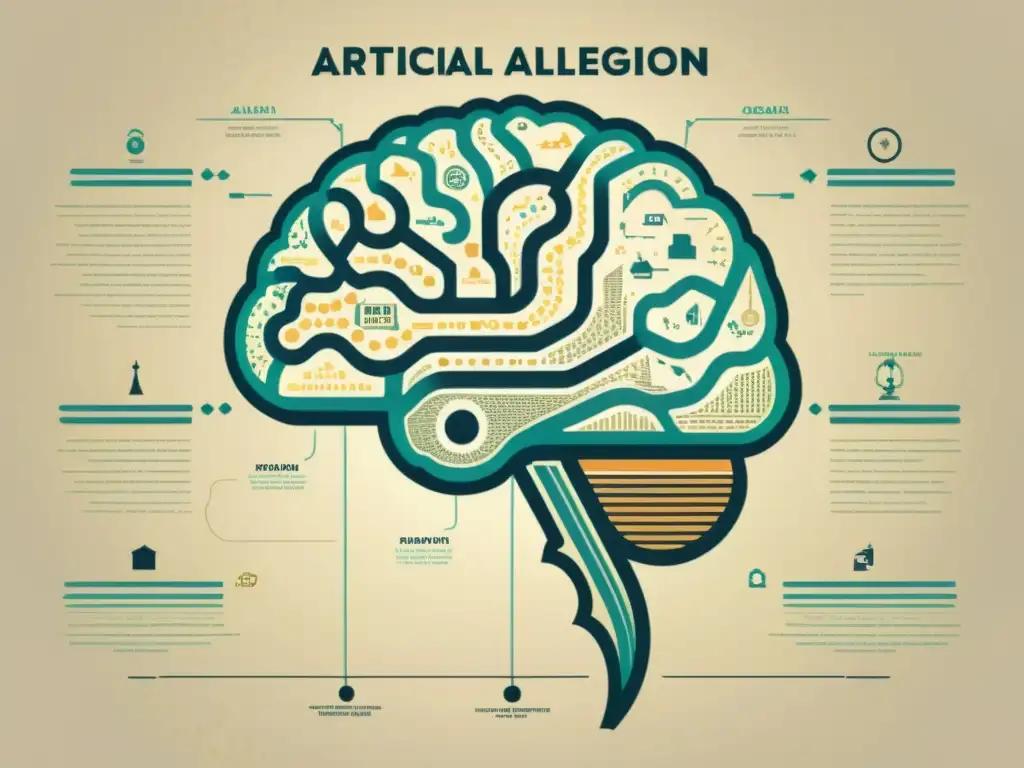 Gráfico detallado estilo vintage que muestra la evolución de la inteligencia artificial desde sus inicios hasta la actualidad, con un diseño de líneas intrincado y tonos de color desgastados