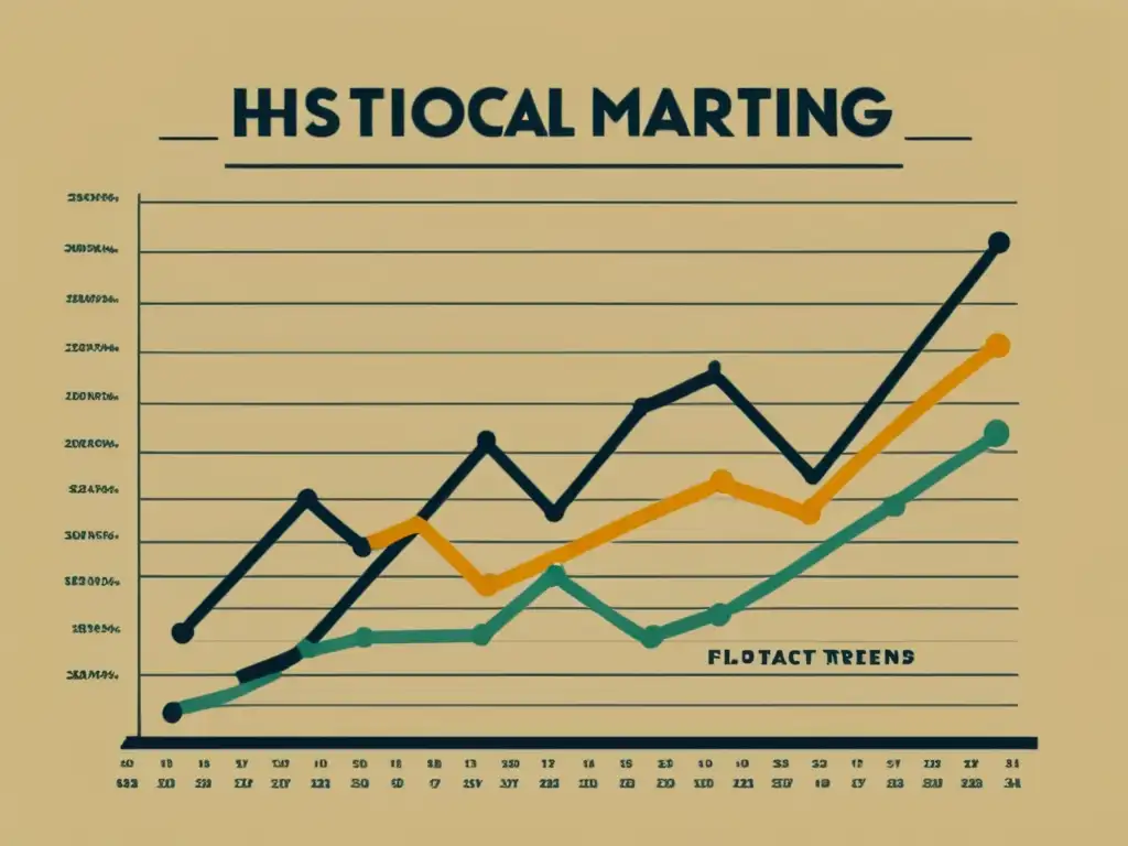 Un gráfico de líneas vintage que muestra tendencias históricas de marketing de contenido, con detalles intrincados y colores cálidos que evocan nostalgia y sabiduría atemporal