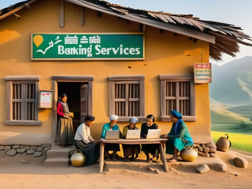 Un grupo de aldeanos aprende servicios financieros online en un banco remoto al atardecer