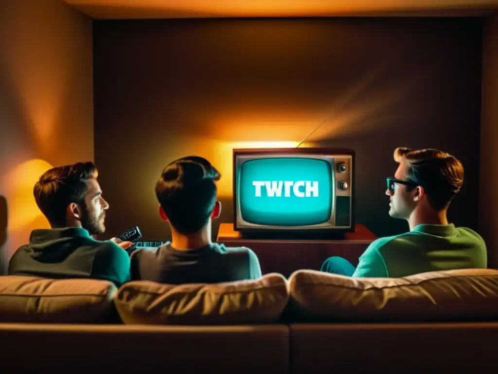 Un grupo de amigos ve emocionado a alguien jugar en Twitch en una televisión vintage, capturando la nostalgia del fenómeno ver jugar otros en Twitch