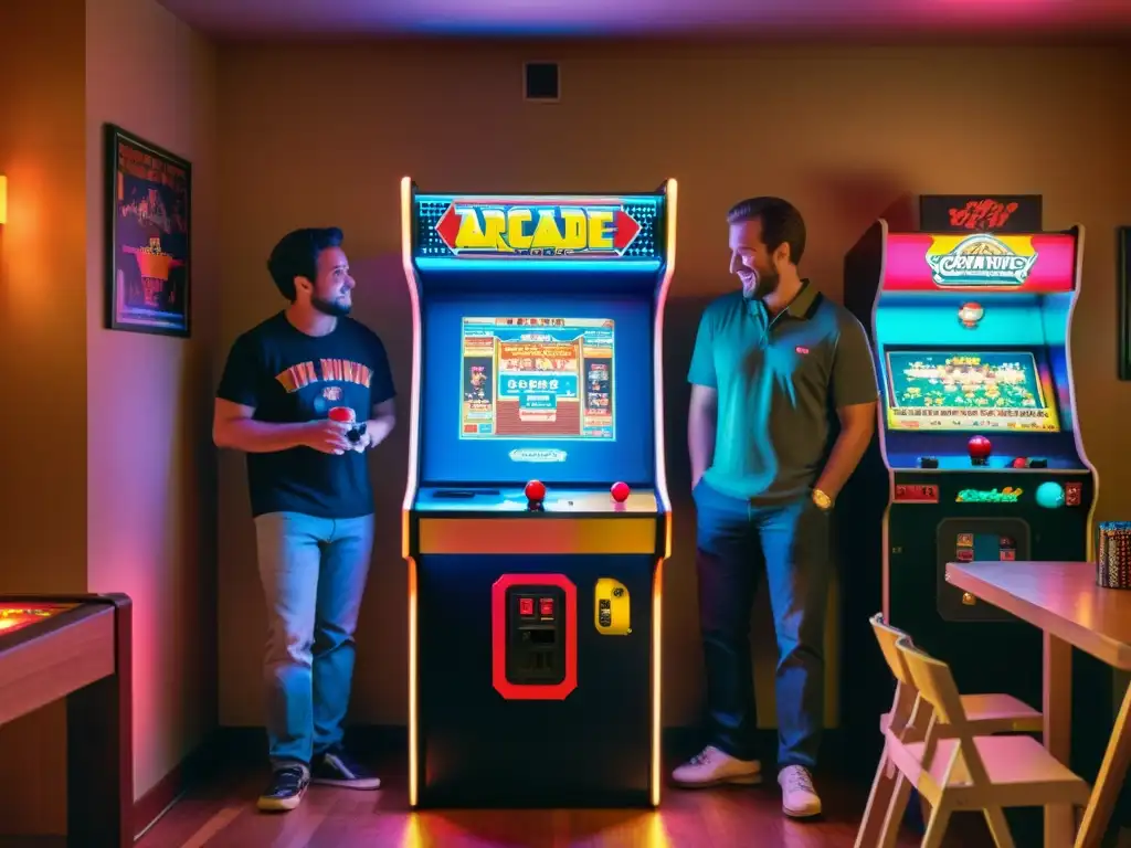 Un grupo de amigos disfruta de un juego competitivo en una sala retro iluminada por una antigua máquina arcade