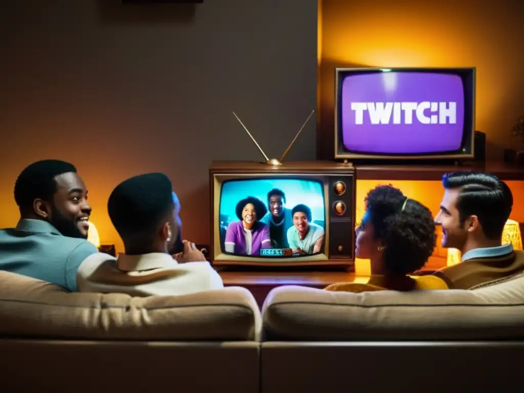 Un grupo de amigos disfruta animadamente viendo jugar videojuegos en Twitch en una sala retro iluminada por la cálida luz de la televisión