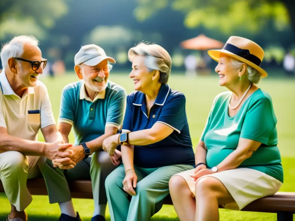 Un grupo de ancianos en el parque, usando relojes inteligentes y rastreadores de actividad