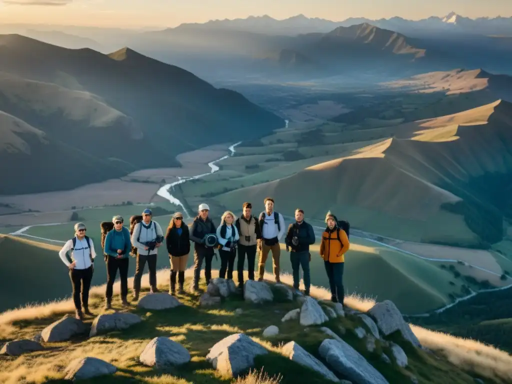 Un grupo de aventureros en la cima de la montaña, cada uno con una cámara de acción diferente