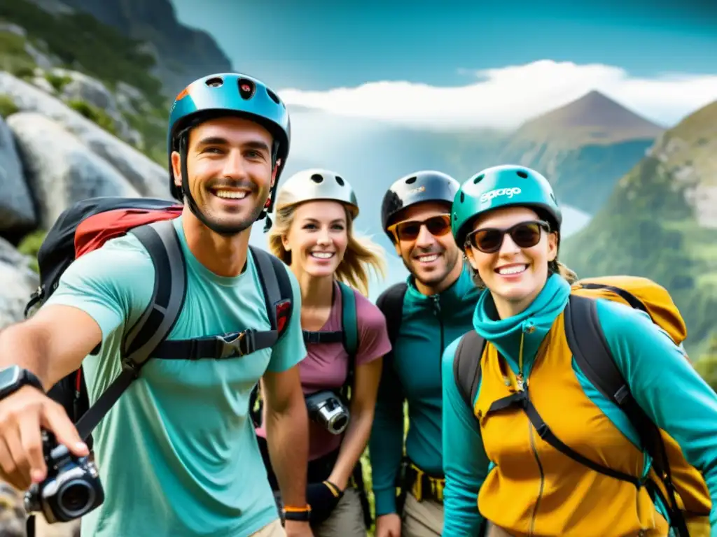 Un grupo de aventureros con equipo retro disfruta de emocionantes actividades al aire libre, capturando la evolución de las cámaras de acción