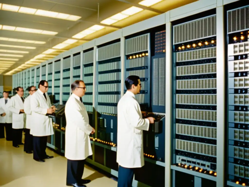 Un grupo de científicos en batas blancas monitorea un superordenador de la década de 1960, con luces parpadeantes y cables intrincados