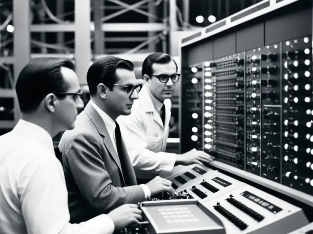 Grupo de científicos y ingenieros de los años 60 trabajando en una computadora principal, con luces parpadeantes y cables intrincados