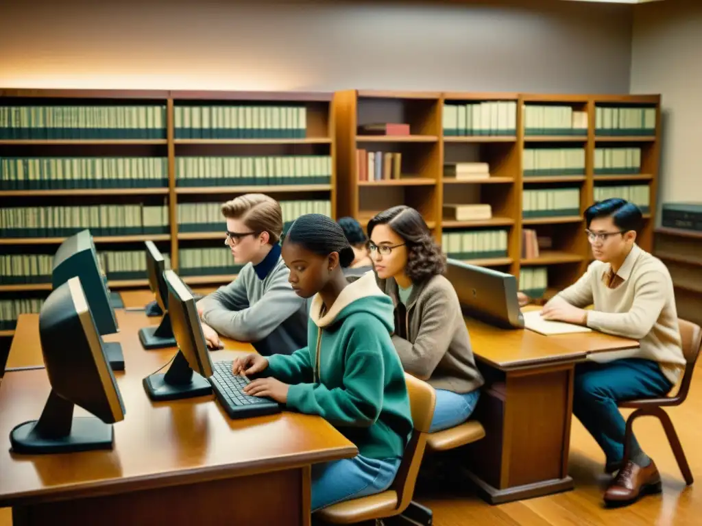 Grupo concentrado de estudiantes en clase de programación, rodeados de libros y computadoras vintage