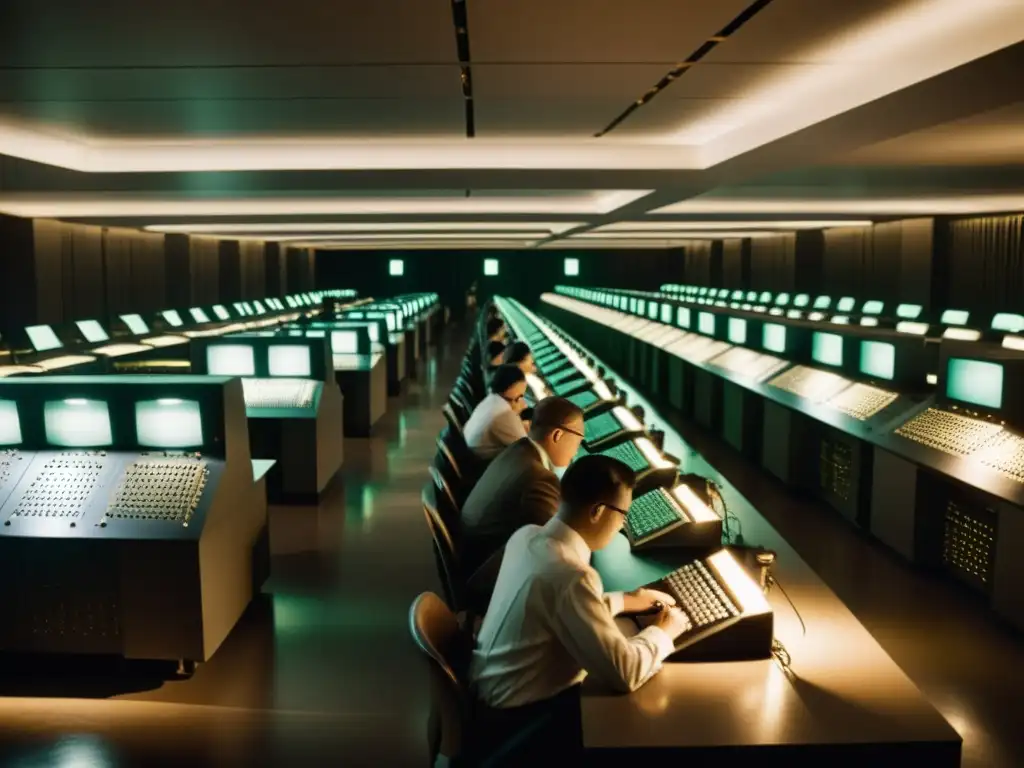 Grupo de criptógrafos trabajando en una sala llena de supercomputadoras durante la Segunda Guerra Mundial, destacando el papel histórico de las supercomputadoras en la criptografía