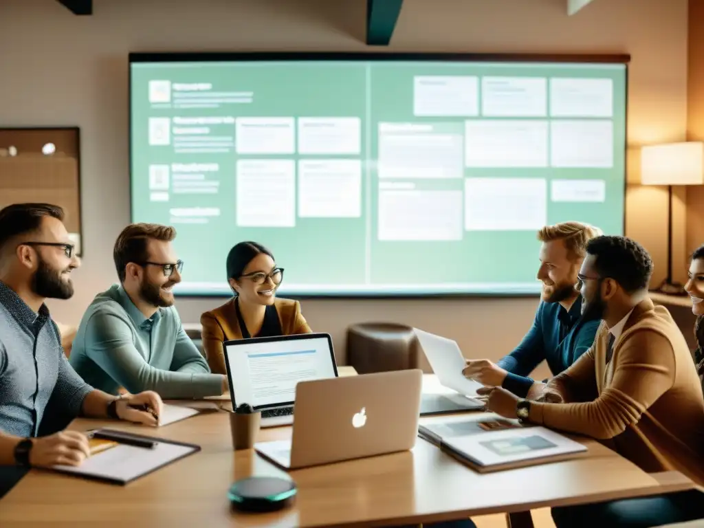 Grupo de desarrolladores y marketers colaborando en un ambiente vintage, destacando la importancia del trabajo en equipo, tecnología y social media