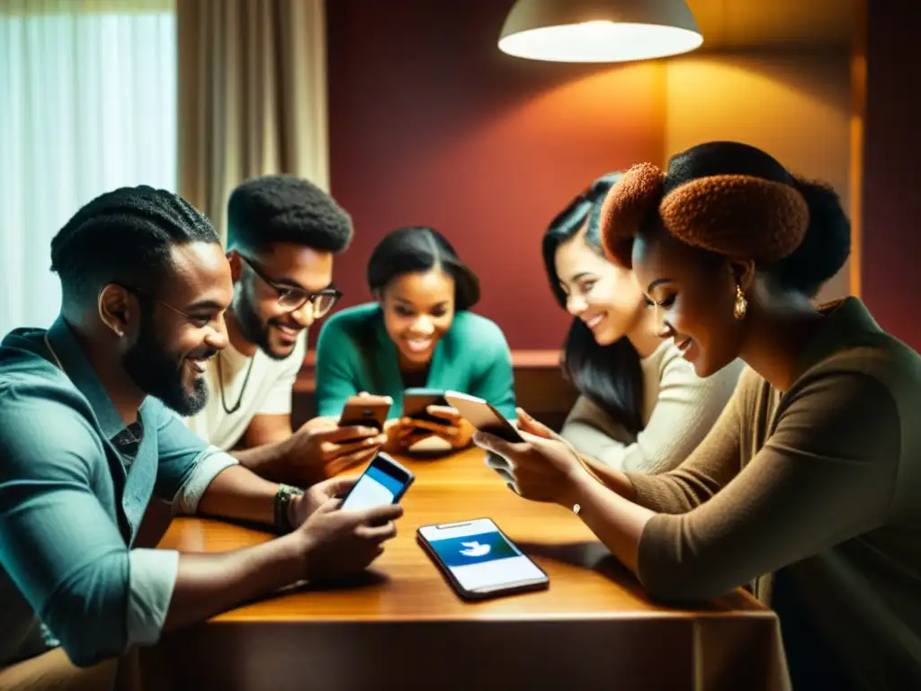 Grupo diverso disfruta de animada charla con smartphones en ambiente cálido e íntimo